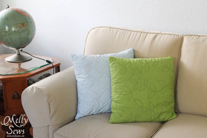 Blue and Green quilted pillows by Melly Sews