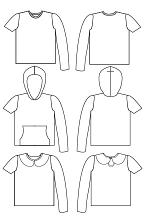 Line drawing of Tee Times Three PDF Sewing Pattern by Blank Slate Patterns