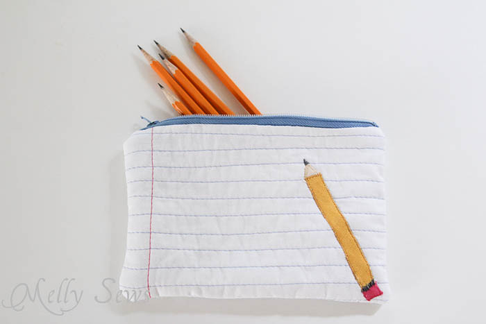 Front view of Notebook paper zipper pouch tutorial
