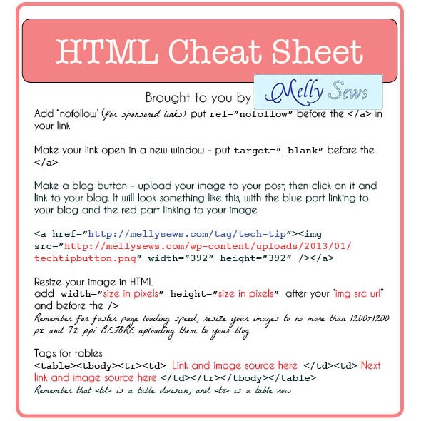 HTML For Bloggers Cheat Sheet - Printable at mellysews.com