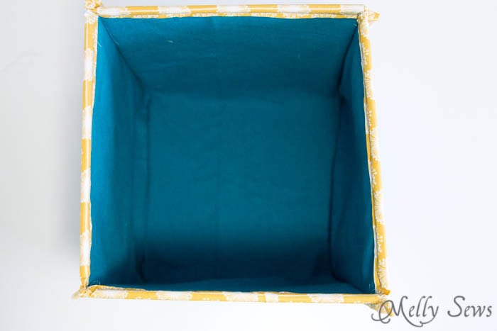 Inside of finished Fabric Box - How to Sew Collapsible Fabric Storage Boxes - MellySews.com
