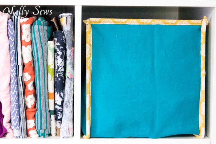 Fill bin with supplies - How to Sew Collapsible Fabric Storage Boxes - MellySews.com