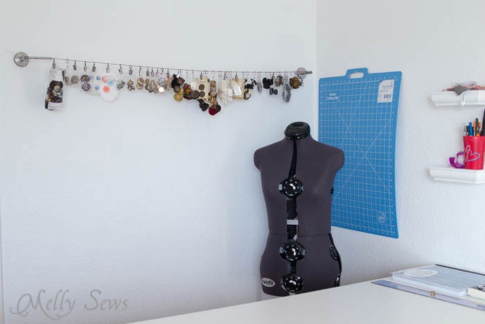 Button wall in sewing studio - MellySews.com