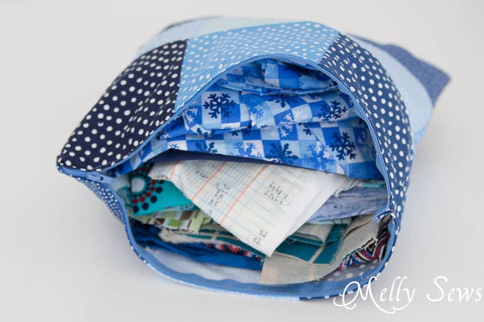 Use a zippered pillow to store scrap fabric - MellySews.com