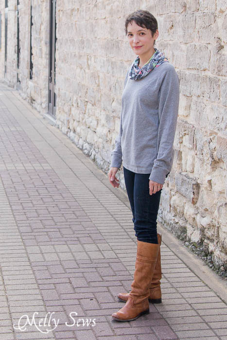 Cowl Neck shirt, jeans, boots. Love this! MellySews.com