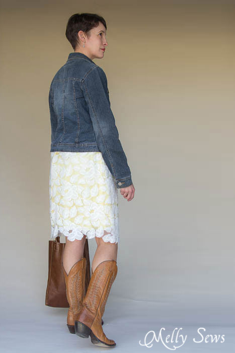 Texas classic look - lace dress over yellow slip, cowgirl boots, leather tote and jean jacket. Perfect! Lace Dress 3 Ways - MellySews.com