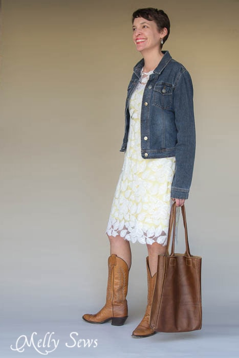 Great mix of styles, textures. Lace, denim and leather - Lace Dress 3 Ways - MellySews.com