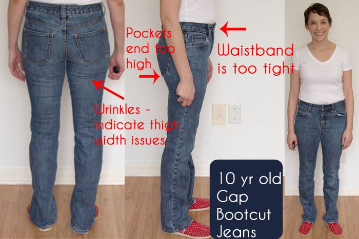 Woman showing different types of jean fit problems