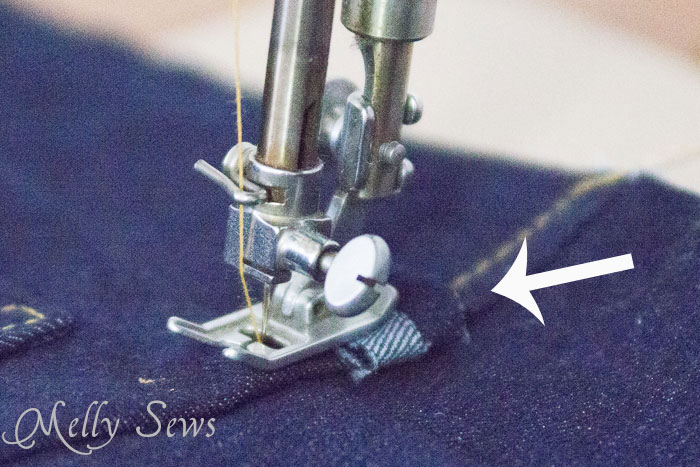 Use a scrap of denim to level your presser foot - great tip for sewing denim from http://mellysews.com