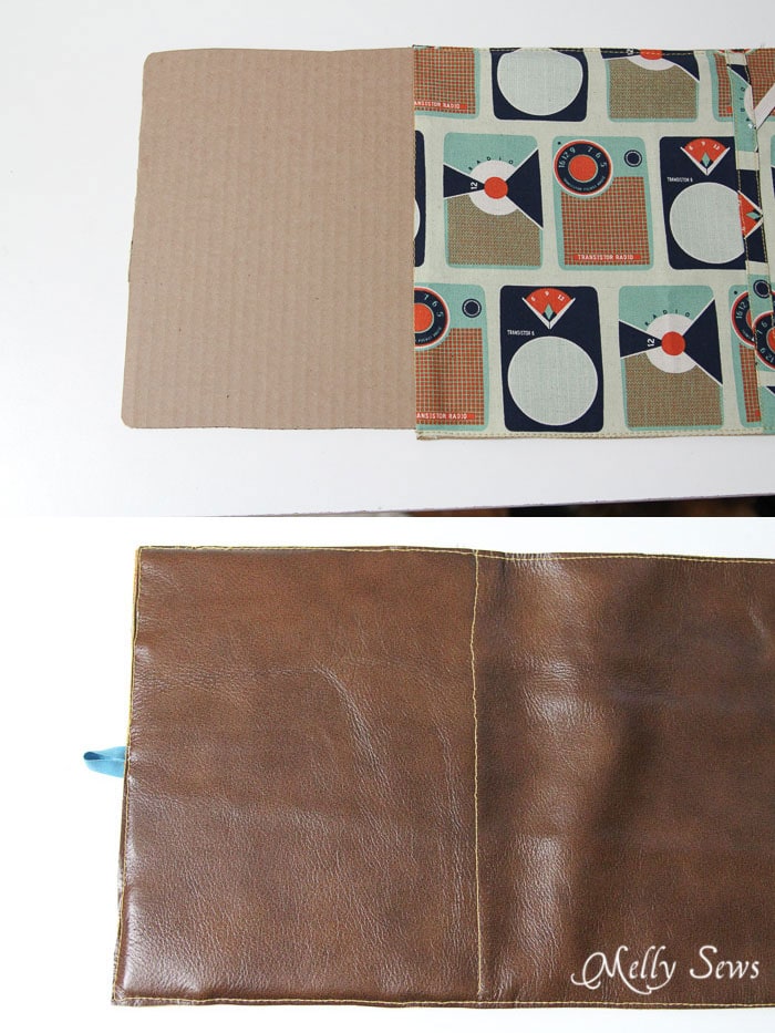 Step 9 - insert first piece of cardboard and stitch in place - Book Style iPad Case Tutorial by http://mellysews.com