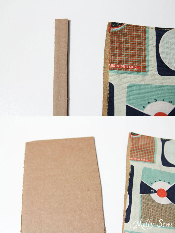 Step 10 - continue inserting cardboard and stitching in place - Book Style iPad Case Tutorial by http://mellysews.com