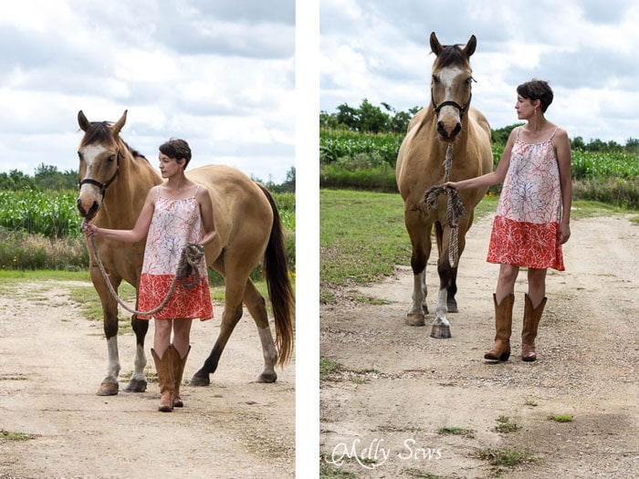 Buckskin horse, girl in boots and a dress - Women's Pillowcase Dress Tutorial - mellysews.com