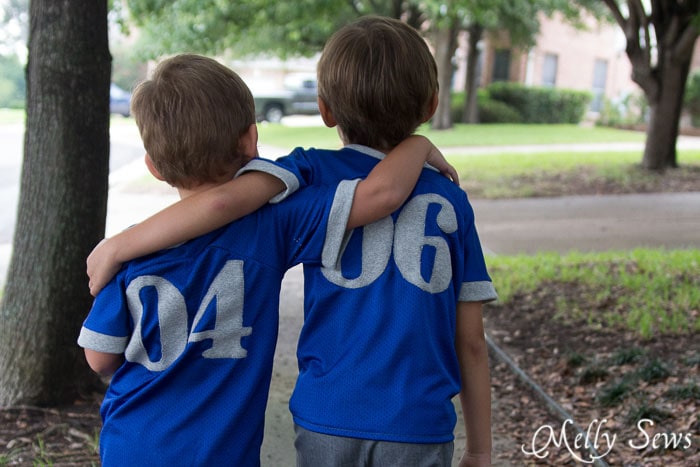 Brothers in football jerseys - can this get any cuter? Pattern by Blank Slate Patterns