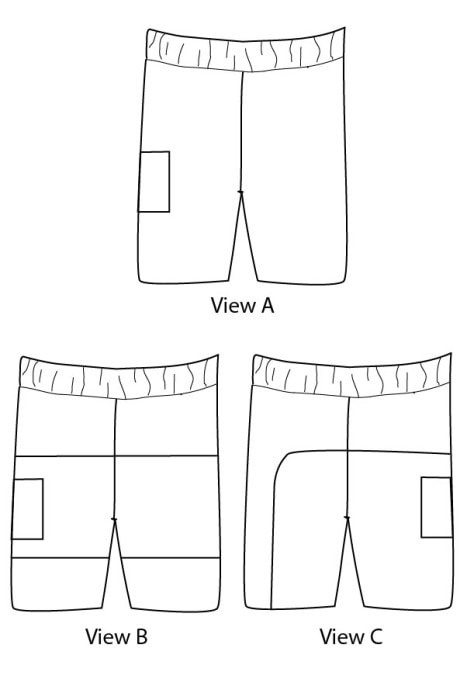 Line drawing for Salt Water Swim Trunks Sewing Pattern - Blank Slate Patterns
