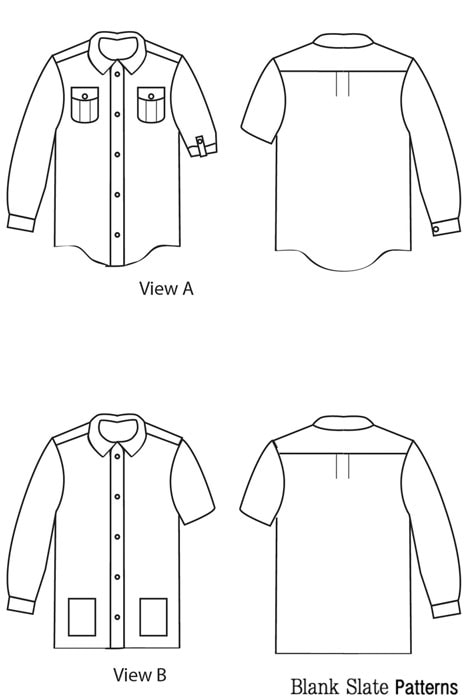 Line Drawings View A&B - Hi-Lo Hem on View C - Bookworm Button Up Sewing Pattern for Boys and Girls - Blank Slate Patterns
