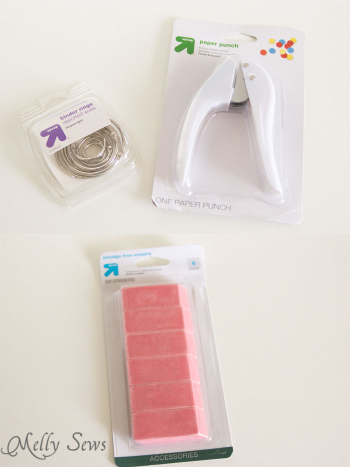 Erasers, binder rings and hole punch - school supplies for sewing