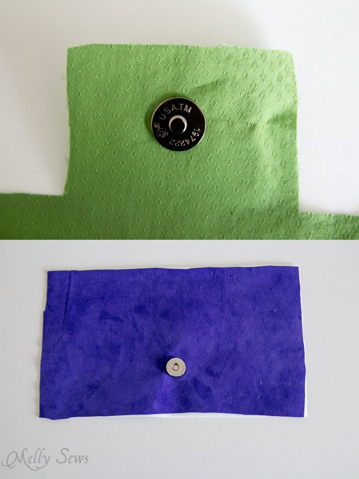 Magnetic purse clasps installed - Suede Clutch Tutorial with free pattern - Melly Sews