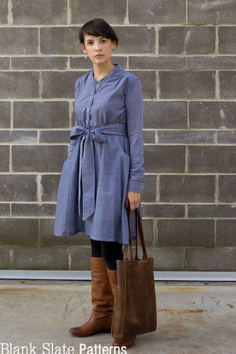 Chambray dress + leather tote and boots = fall outfit - Marigold Sewing Pattern by Blank Slate Patterns