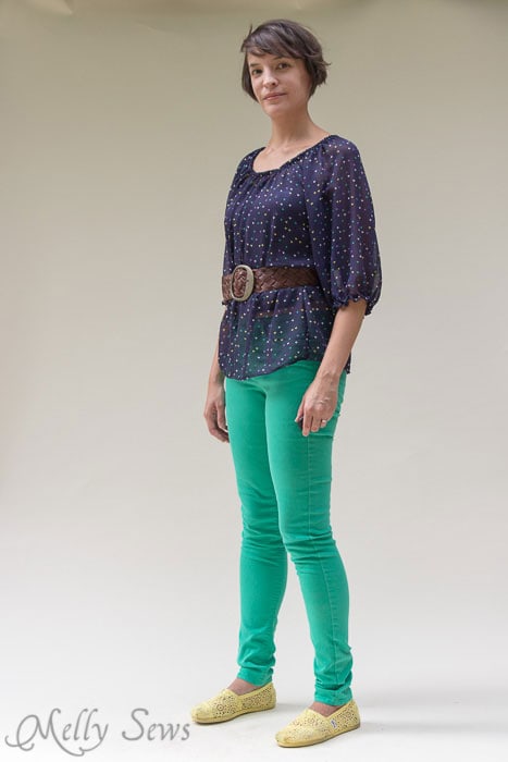 Styled with a belt and green skinny jeans - Women's Peasant Top Pattern - Sew a Peasant Top - Melly Sews