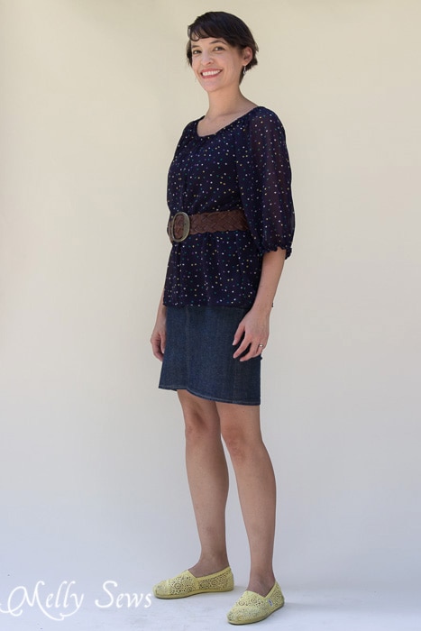 Styled with a belt and a short denim skirt - Women's Peasant Top Pattern - Sew a Peasant Top - Melly Sews