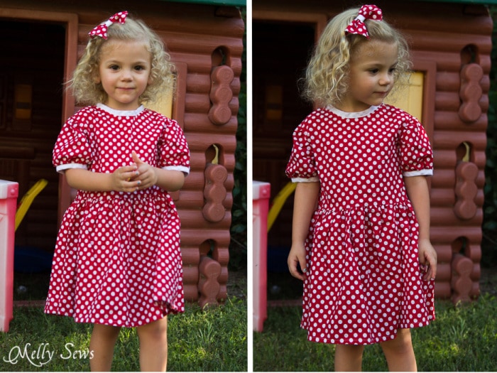 Minnie Mouse style dress made using the Fiesta Frock dress for girls with free pattern - Melly Sews