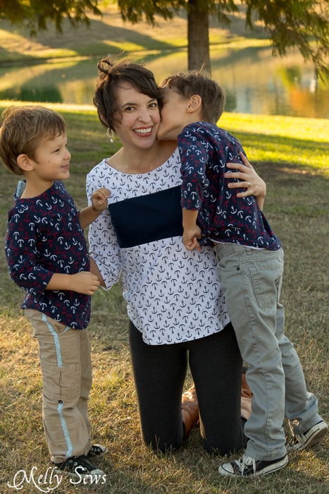 Matching mother son tops - Shoreline Boatneck sewing pattern on her, Beachy Boatneck sewing pattern on them - Melly Sews