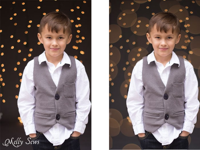 Before and after - How to get twinkle light bokeh for holiday photos - Melly Sews