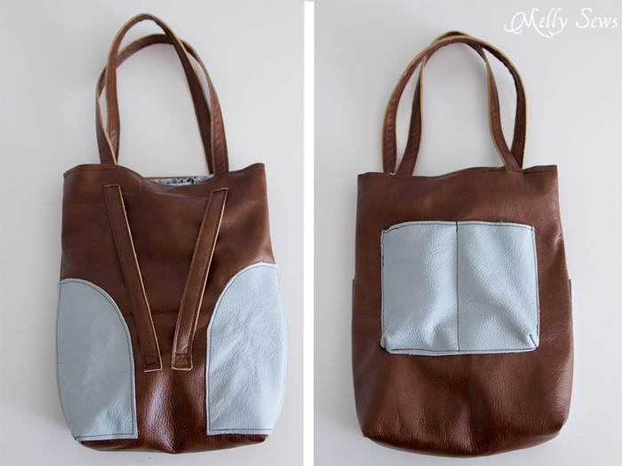 Front and back views - Sew a Leather Tote - Make a convertible leather tote bag that can be carried over the shoulder or backpack style - Melly Sews
