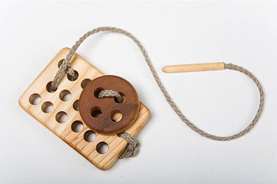 Wood lacing sewing toy