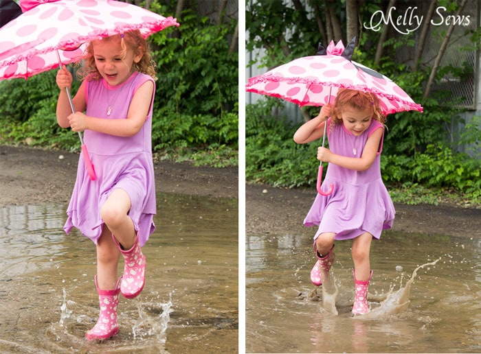 Rainboots and a dress - Handkerchief Hem Dress tutorial - Sew a knit girls dress with this free pattern - Melly Sews