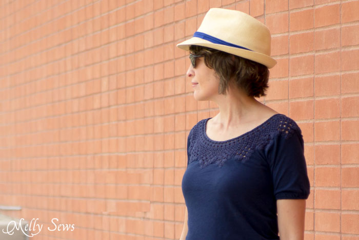 Crocheted Yoke T-shirt - worn with a straw fedora and graphic print short - Melly Sews 