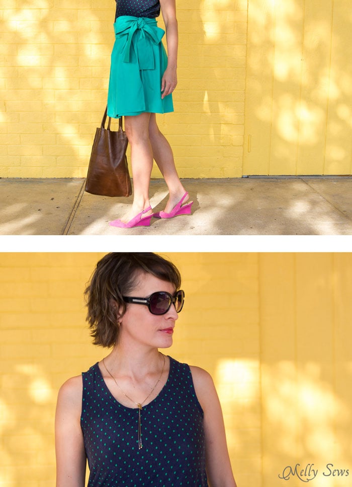 Tank top, sunglasses and pop of color with pink slingbacks - DIY Pleated Wrap Skirt - Sew a Pleated Mini Skirt with this easy tutorial - no buttons or zippers needed! - Melly Sews