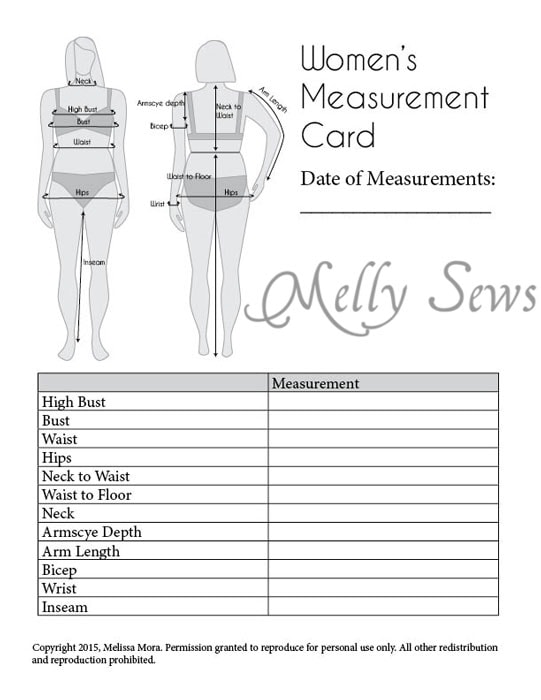 Women's Measurements card - how to take important measurements for sewing