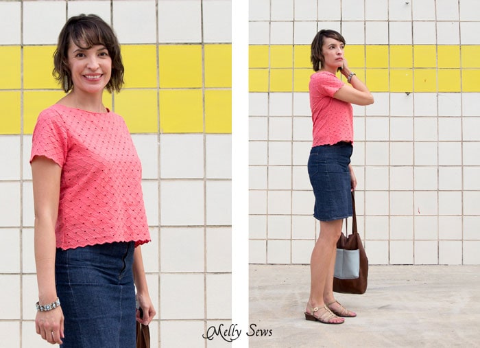 Coral eyelet - Cropped Boatneck sewn with Shoreline Boatneck pattern by Blank Slate Patterns - Melly Sews