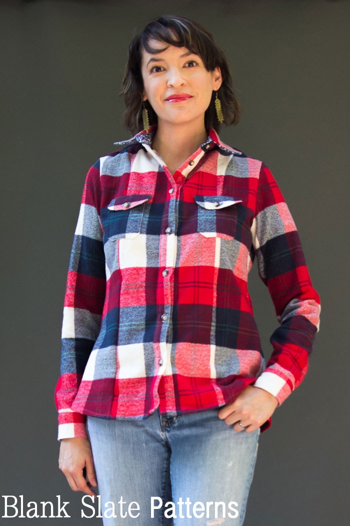 Novelista Shirt Sewing Pattern for women in sizes XXS-3X by Blank Slate Patterns - Long sleeve flannel shirt version