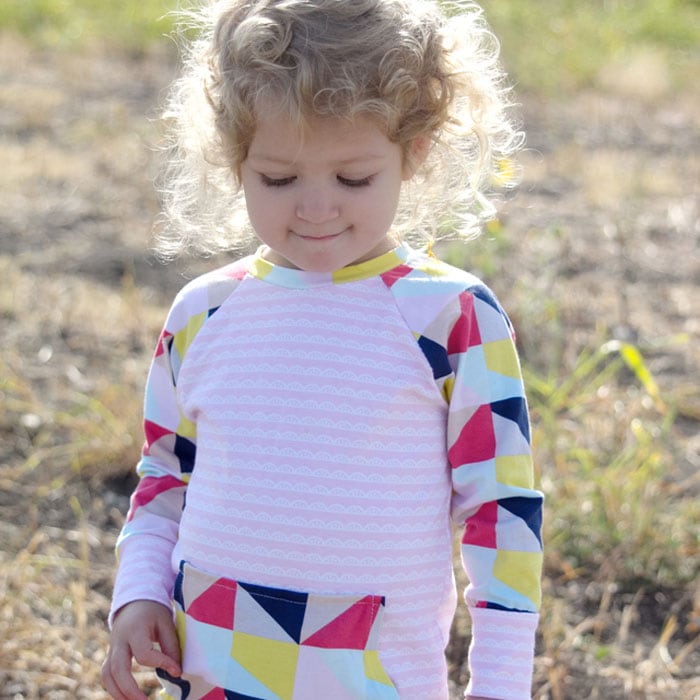 Recess Raglan Dress by See Kate Sew in Idle Wild Pink Lace and Multi Triangles