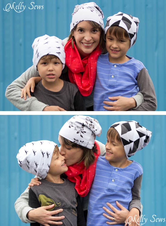 Mom and Boys in hats - Sew a Beanie Hat - Make a slouchy hat in any size with this EASY tutorial - Melly Sews