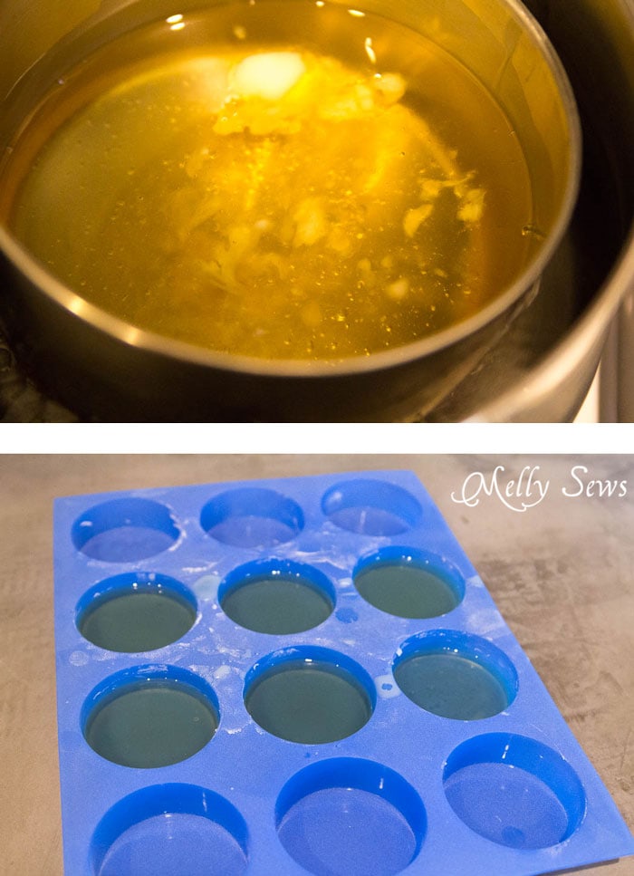 Melted beeswax and oils to make lotion bars - Great gift! Make homemade lotion bars and cute drawstring bags to store them in! - Melly Sews 
