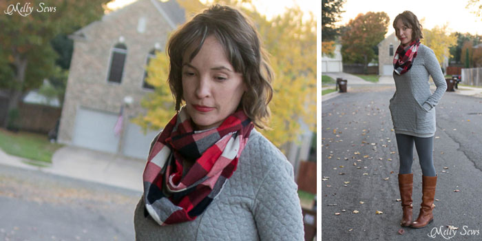 Shown with a Denver Tunic by Blank Slate Patterns and leggings - 10 Minute Frayed Edge Scarf Tutorial - sew a DIY flannel scarf - so easy! - Melly Sews 