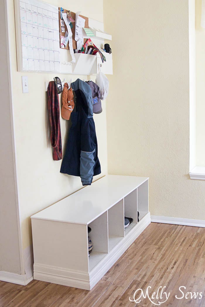 DIY command center - keep shoes organized - DIY Concrete Counters - White Kitchen Makeover on a budget - DIY remodel from dull and dated to white and bright - Melly Sews