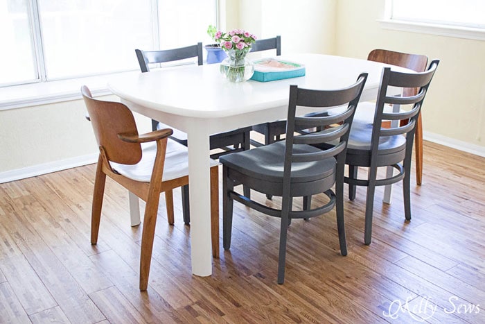 Updated Kitchen Table - Painted Chairs - White Kitchen Makeover on a budget - DIY remodel from dull and dated to white and bright - Melly Sews