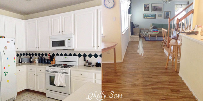 Painted cabinets and new floor - White Kitchen Makeover on a budget - DIY remodel from dull and dated to white and bright - Melly Sews