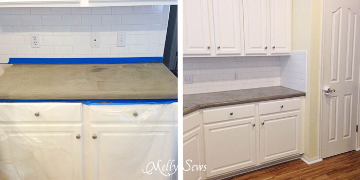 DIY Concrete Counters - White Kitchen Makeover on a budget - DIY remodel from dull and dated to white and bright - Melly Sews