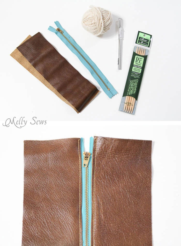 Supplies - Make a knit and leather zipper pouch - combine sewing and knitting in this modern DIY clutch - Melly Sews