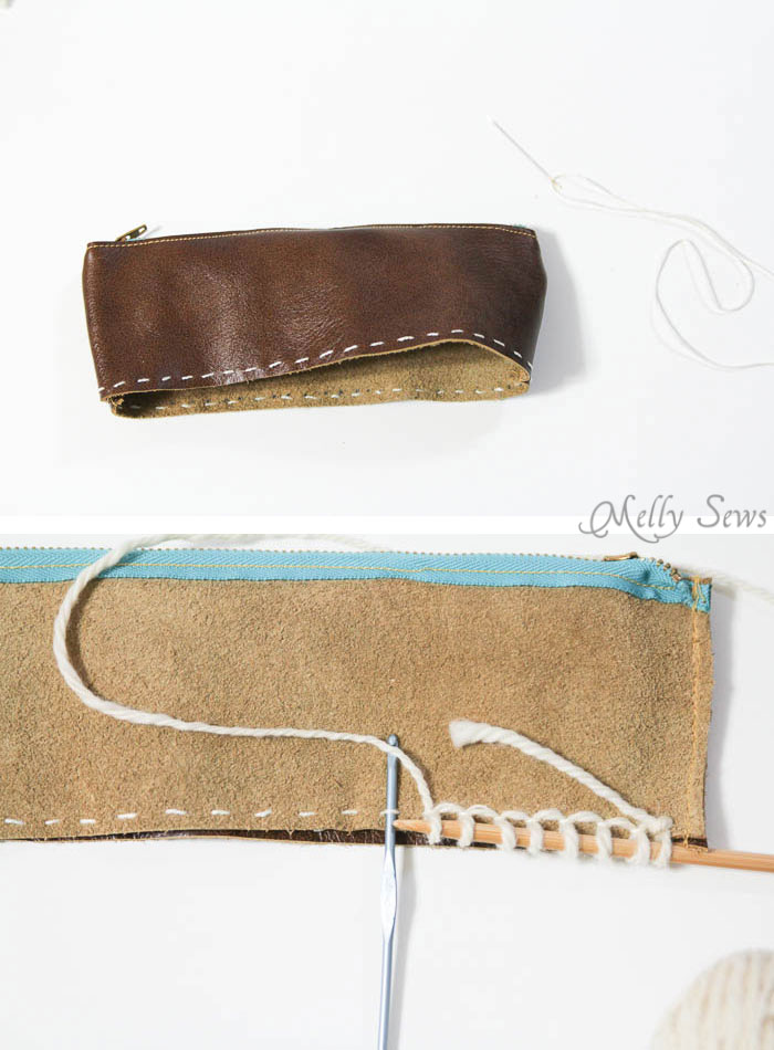 Step 2 - How to cast on to leather - Make a knit and leather zipper pouch - combine sewing and knitting in this modern DIY clutch - Melly Sews