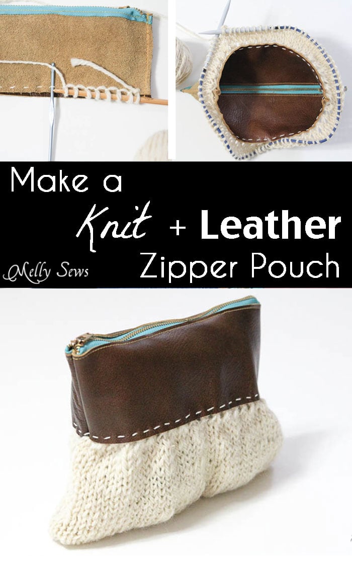 Want! Make a knit and leather zipper pouch - combine sewing and knitting in this modern DIY clutch - Melly Sews