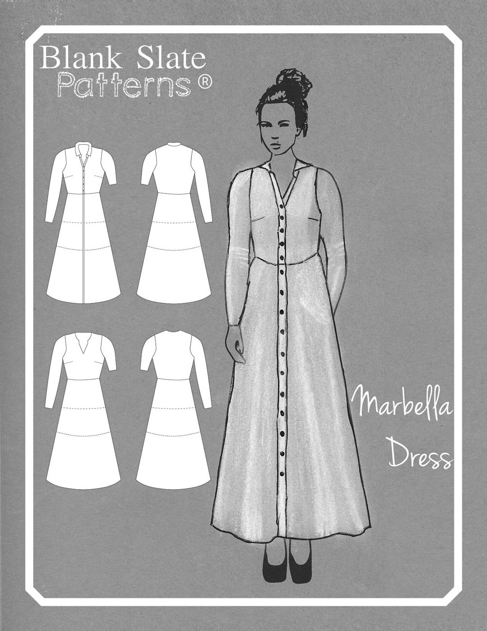 Line Drawing -Marbella Dress by Blank Slate Patterns - Knit Dress Sewing Pattern with 2 bodice, 2 sleeve and 3 length options