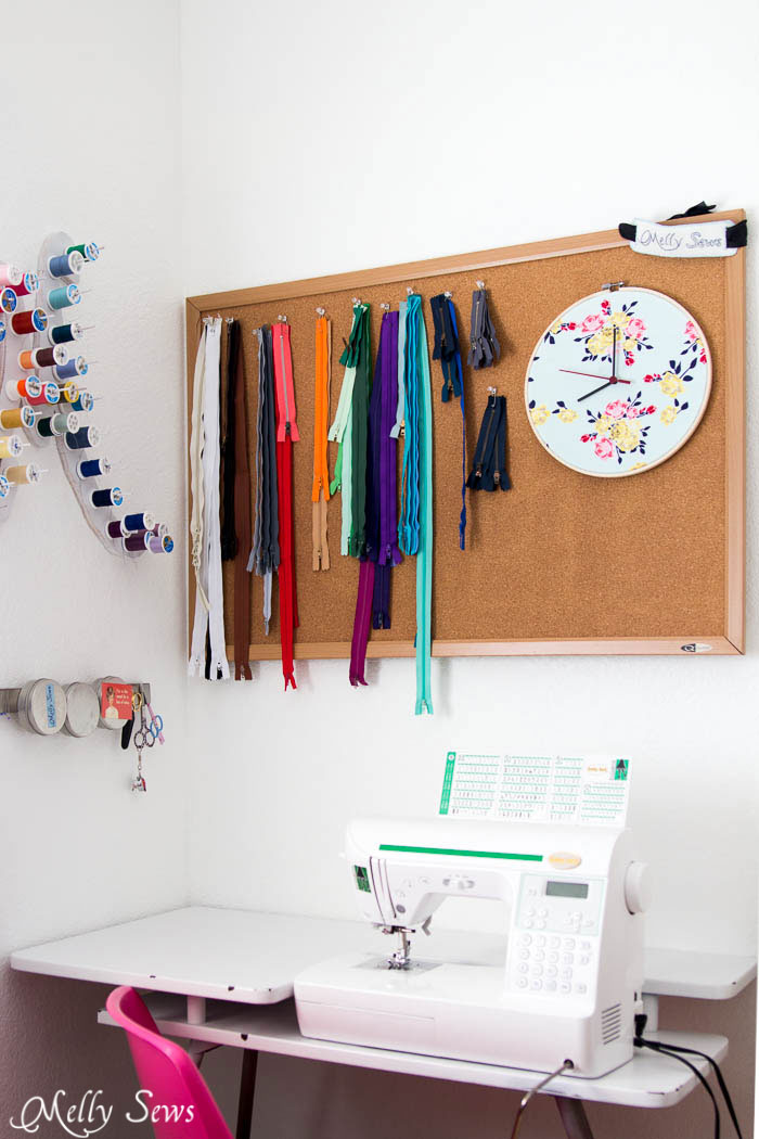 Love this sewing room corner - Make a Clock from an Embroidery Hoop - DIY Sewing Clock - Melly Sews