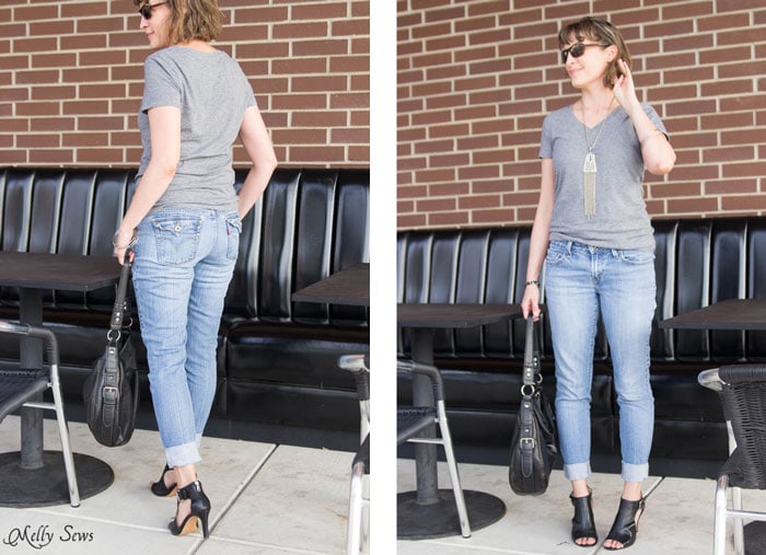 Back view - Turn a pair of thrifted jeans into a perfect fit - Flare jeans to skinny jeans - DIY Tutorial by Melly Sews