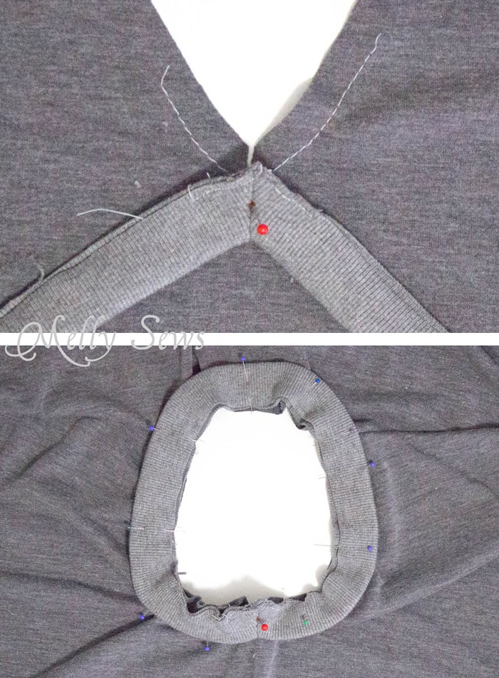 Matching the V on a neckband; Gray rib knit neckband pinned to a gray t-shirt